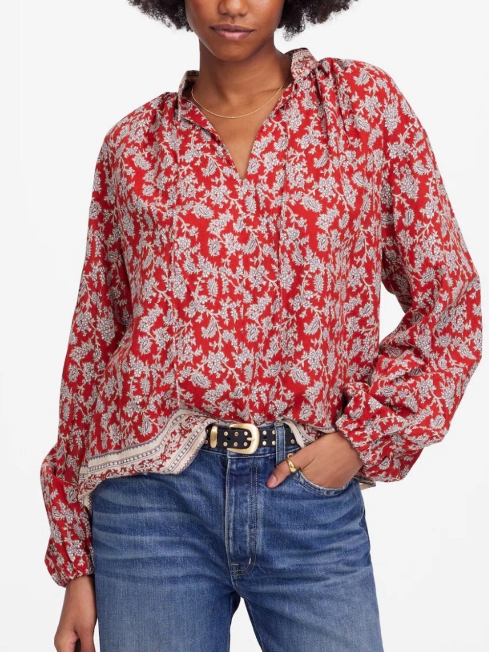 Madewell Boho red Paisley Print long sleeve peasant Blouse size small